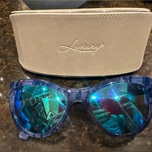 Luxury Sunglasses, blue with black lace print, mirrored lenses, casa included